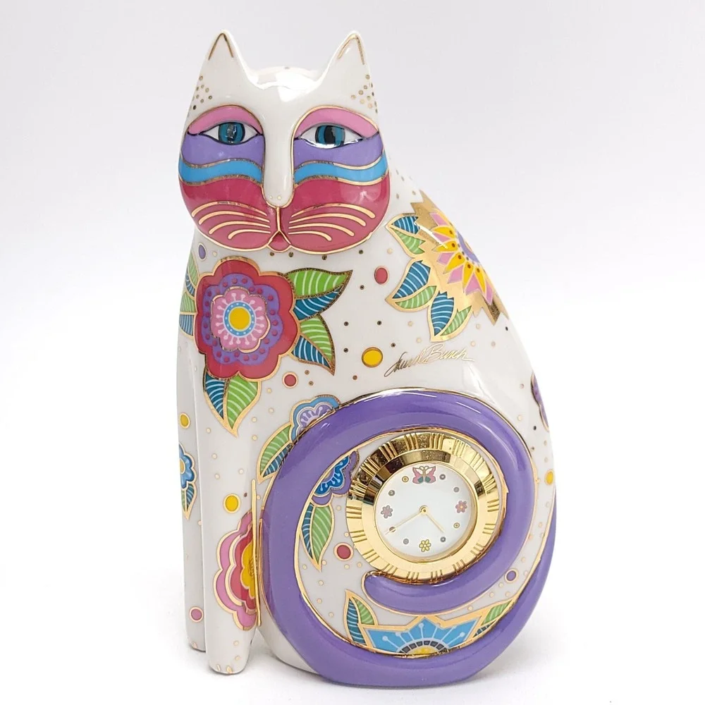 Vintage 1996 Laurel Burch Porcelain Floral Cat Clock White, Gold TESTED WORKING‎